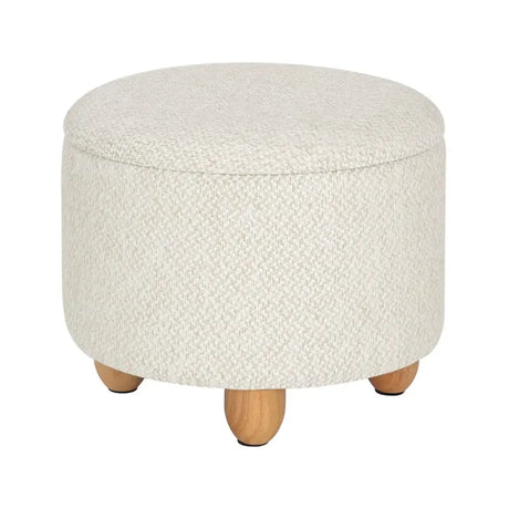 Ronde BukkitBow opbergpoef met zitkist en voetenbank, 39x39x33 cm, met opbergruimte en houten deksel in neutrale kleur