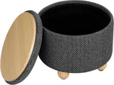 Ronde BukkitBow opbergpoef met zitkist en deskel, 39x39x33 cm, multifunctionele voetenbank met opbergruimte voor woonkamer