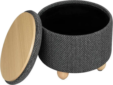 Ronde BukkitBow opbergpoef met zitkist en deskel, 39x39x33 cm, multifunctionele voetenbank met opbergruimte voor woonkamer