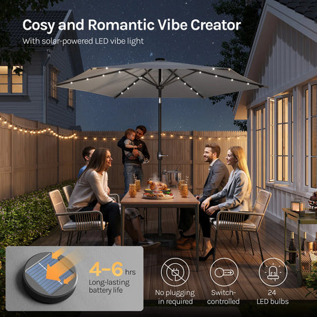 Ronde BukkitBow parasol van 300cm met solar LED-verlichting en beschermhoes, geschikt voor buitengebruik