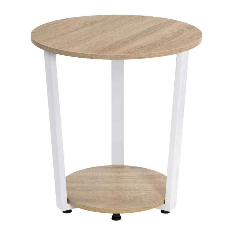 BukkitBow ronde salontafel met zwart metalen frame en twee houten planken, moderne kleine bijzettafel voor woonkamer.