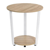 BukkitBow ronde salontafel met zwart metalen frame en twee houten planken, moderne kleine bijzettafel voor woonkamer.