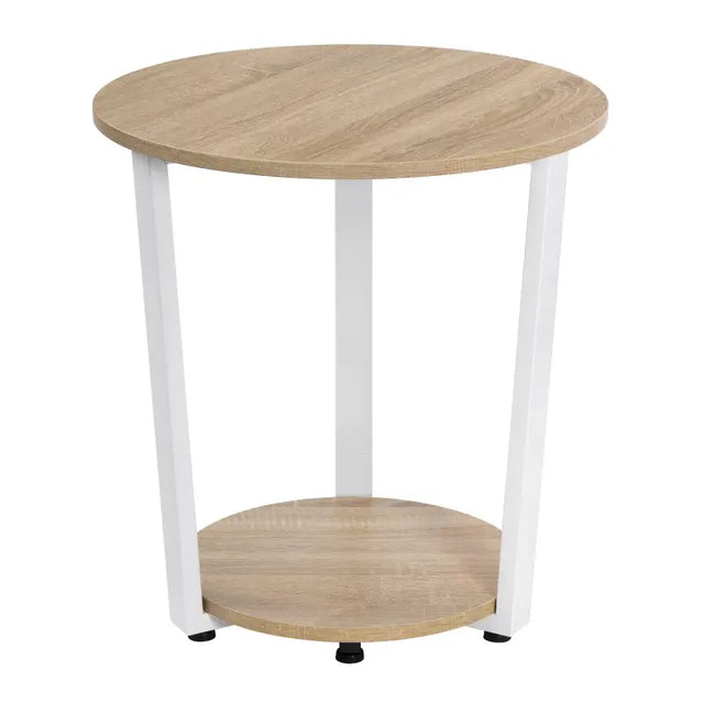 BukkitBow ronde salontafel met zwart metalen frame en twee houten planken, moderne kleine bijzettafel voor woonkamer.