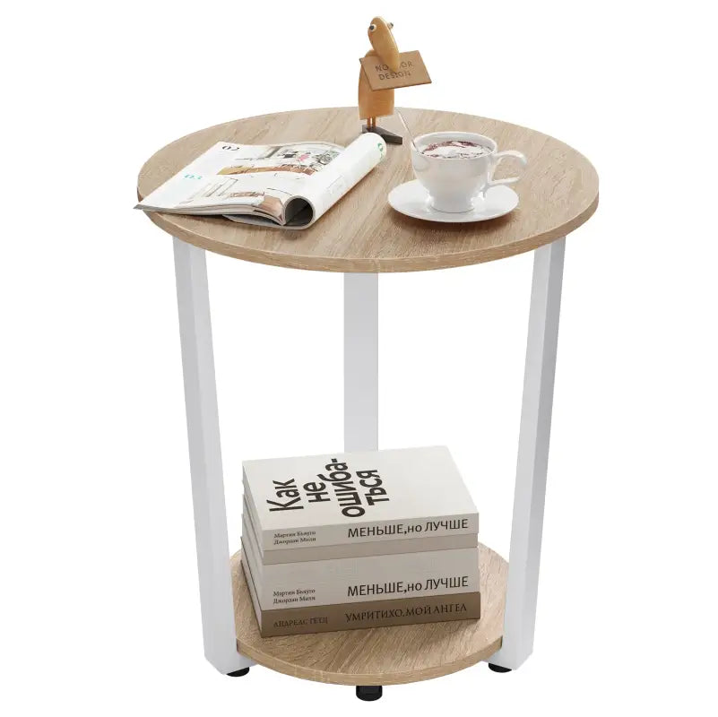 BukkitBow ronde salontafel met zwart metalen frame en twee houten planken, moderne en compacte bijzettafel.