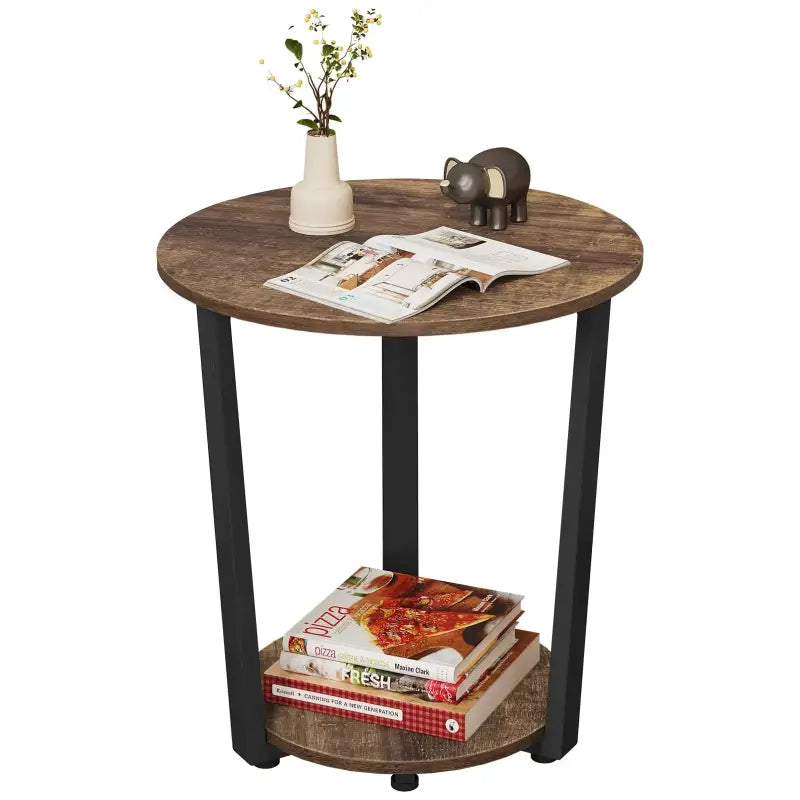 Moderne ronde salontafel van BukkitBow met zwart metalen frame en twee houten planken, compact bijzettafel voor in de woonkamer.