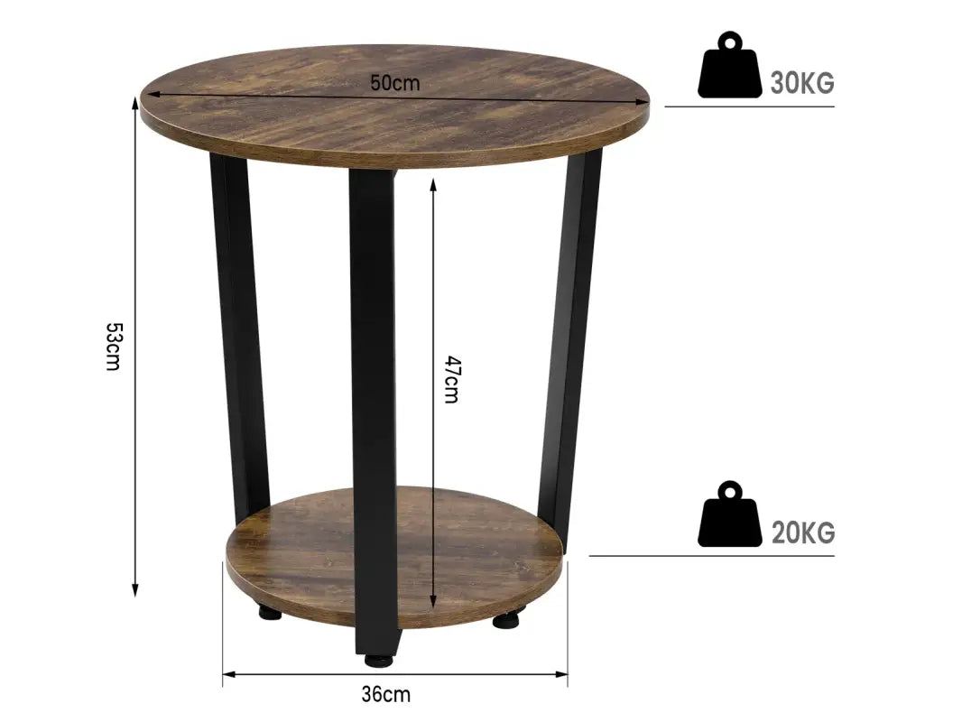 BukkitBow ronde salontafel met zwart metalen frame en twee houten planken, moderne kleine bijzettafel.