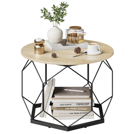 Ronde BukkitBow salontafel van hout en metaal met verborgen opbergruimte en industrieel design, ideaal als bijzettafel.