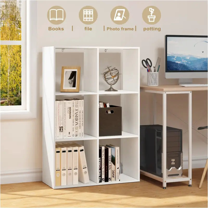 BukkitBow ruimtebesparende boekenkast met 6 kubusvakken, multifunctioneel en stabiel ontwerp, afmetingen 71x106x29cm.