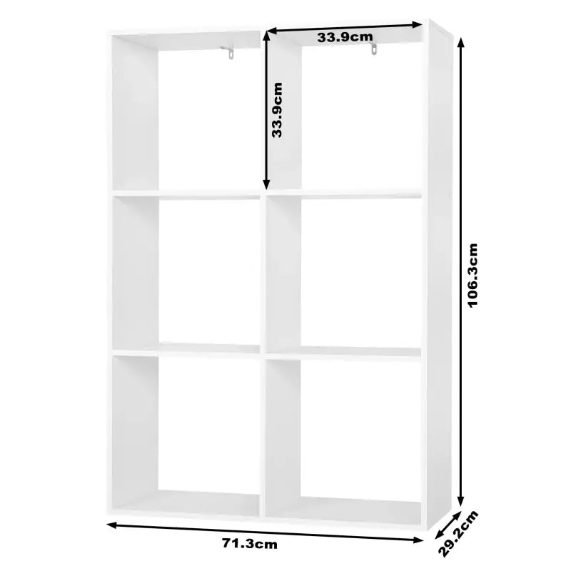 BukkitBow ruimtebesparende boekenkast met 6 kubusvakken, multifunctioneel en stabiel ontwerp, afmetingen 71x106x29cm.