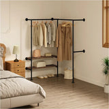 BukkitBow hoek garderobe van zwart en vintage hout, industrieel stijl, stevig kledingrek tot 150 kg, afmetingen 130,5x187x130,5 cm