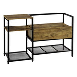 BukkitBow schoenenrek met kleine zitting, zwart metalen schoenenkast met vintage bruin houten zitvlak voor schoenenopslag