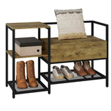 BukkitBow schoenenrek met kleine zitting, zwart metalen frame en vintage bruin houten plank, geschikt voor schoenen en accessoires.