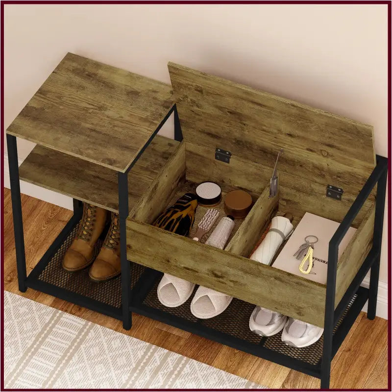 BukkitBow schoenenrek met kleine zitting, zwart metalen schoenenkast met vintage bruin houten zitvlak, stevig en functioneel design