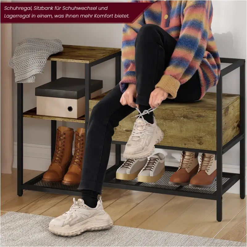 BukkitBow schoenenrek met kleine zitting, zwart metalen schoenenkast met vintage-bruin houten zitvlak, stevig en stijlvol.