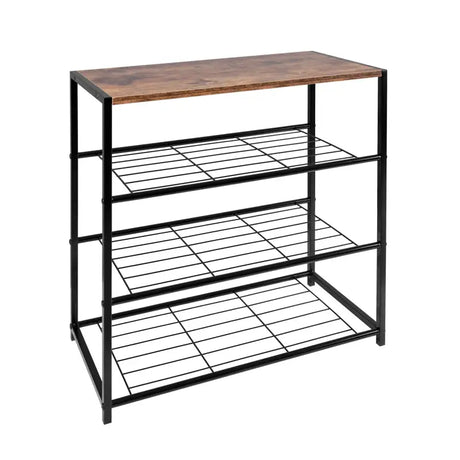 BukkitBow schoenenrek met plank, stevig en stabiel, multifunctioneel als decoratietafel, afmetingen 63x30x63 cm, zwart metalen frame.