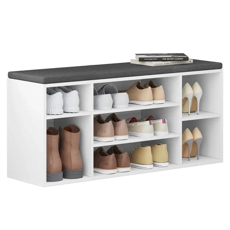 BukkitBow schoenenrek en schoenenkast met zitkussen, kubusvorm, wit en grijs, praktische opberger en comfortabele zitbank.