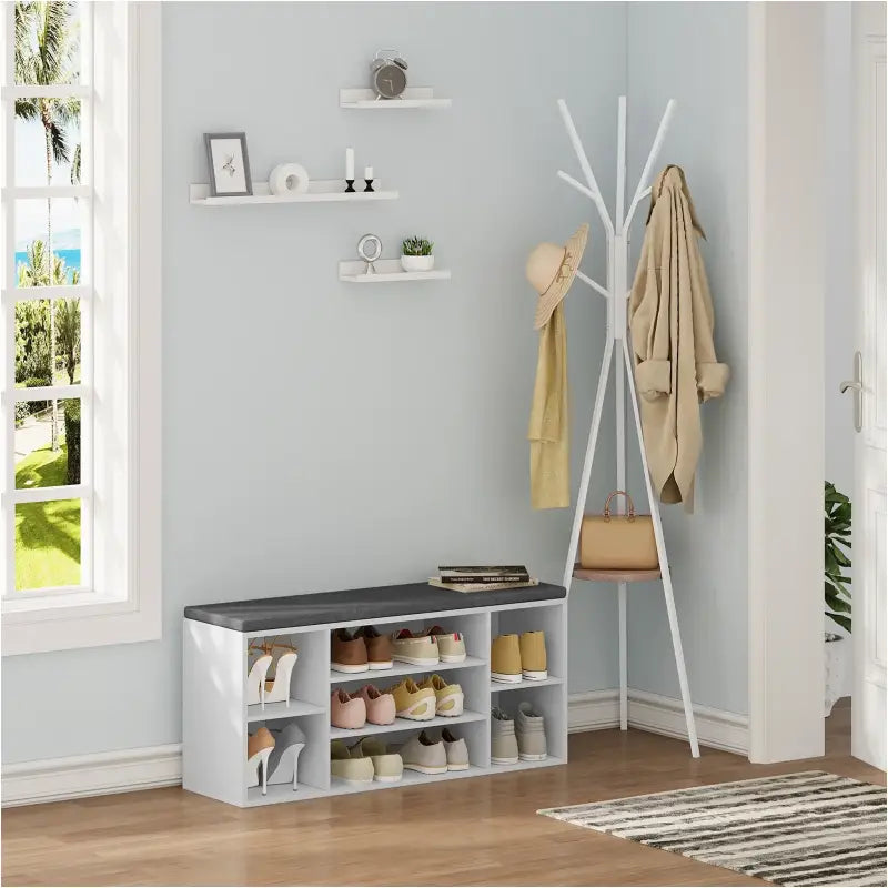 BukkitBow schoenenrek en schoenenkast met zitkussen in wit en grijs, kubusvormig opbergsysteem, comfortabele zitbank 103,5x48x30cm