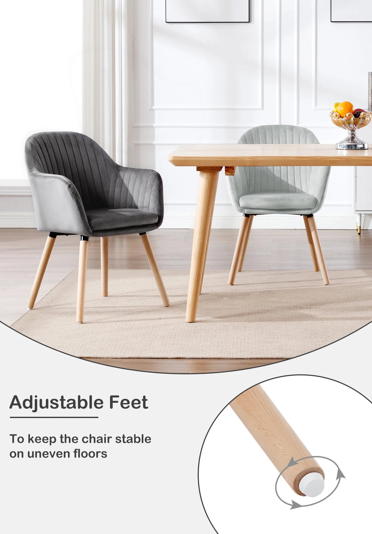Set van 2 BukkitBow eetkamerstoelen in fluweel met armleuningen, gestoffeerd met houten poten, elegant en comfortabel.