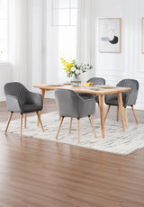 Set van 2 BukkitBow eetkamerstoelen met fluwelen bekleding, armleuningen en houten poten, gestoffeerd voor comfort.