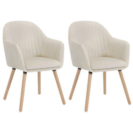 Set van 2 BukkitBow eetkamerstoelen met fluwelen bekleding, armleuningen en houten poten, gestoffeerd en comfortabel.