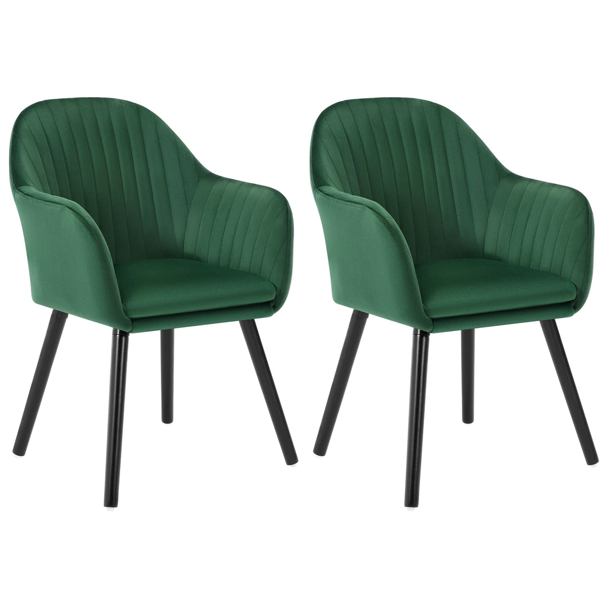 Set van 2 BukkitBow eetkamerstoelen met fluwelen bekleding, armleuningen en houten poten, gestoffeerd voor comfortabele zit.