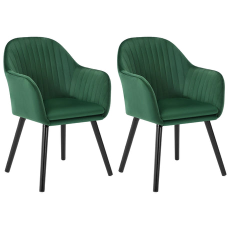 Set van 2 BukkitBow eetkamerstoelen met fluwelen bekleding, armleuningen en houten poten, gestoffeerd voor comfort.