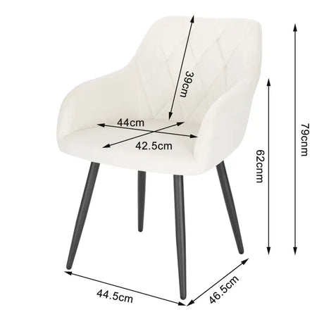 Set van 2 BukkitBow eetkamerstoelen met fluwelen bekleding, metalen poten en ergonomisch ontwerp, zithoogte 46,5 cm.