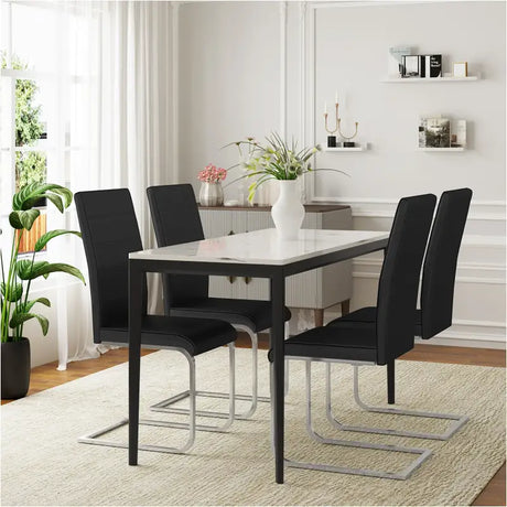 BukkitBow set van 2 eetkamerstoelen met lederen en fluwelen bekleding, hoge rugleuning en metalen poten, zithoogte 48,5 cm.