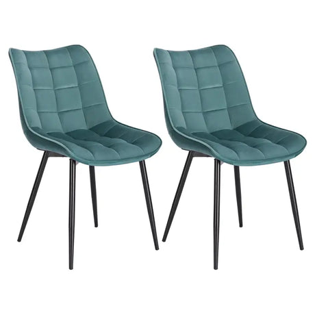 Set van 2 BukkitBow eetkamerstoelen met leren, stoffen en fluwelen zitting, metalen poten en ergonomisch ontwerp, zithoogte 46cm.