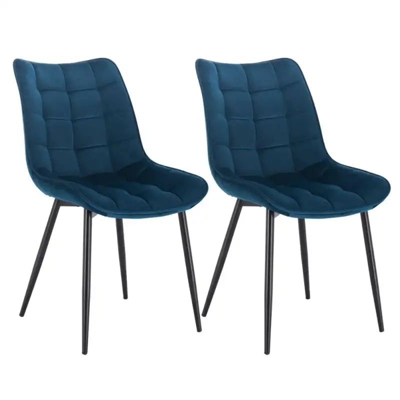 Set van 2 BukkitBow eetkamerstoelen met lederen, stoffen en fluwelen zittingen, metalen poten en ergonomisch ontwerp, zithoogte 46 cm.