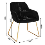 Twee stijlvolle BukkitBow fluweel eetkamerstoelen met gouden metalen poten, comfortabele zithoogte van 48,5 cm, modern design.