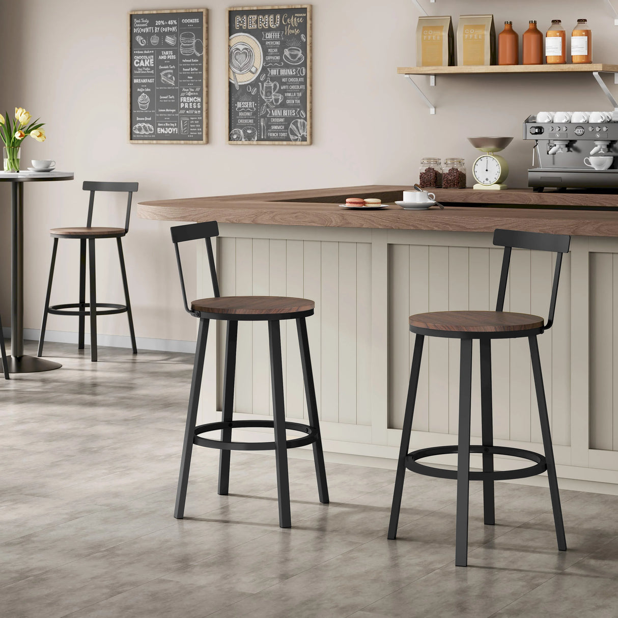 Set van 2 industriële barkrukken van BukkitBow met houten zitting, rugleuning, voetsteun en stalen frame voor keuken of eetkamer