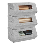 BukkitBow set van 3 stoffen opbergdozen met kijkvenster en magnetische sluiting op een zwart opbergrek