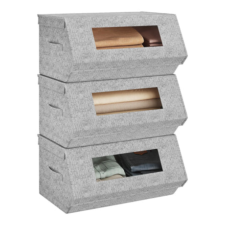 BukkitBow set van 3 stoffen opbergdozen met kijkvenster en magnetische sluiting op een zwart opbergrek