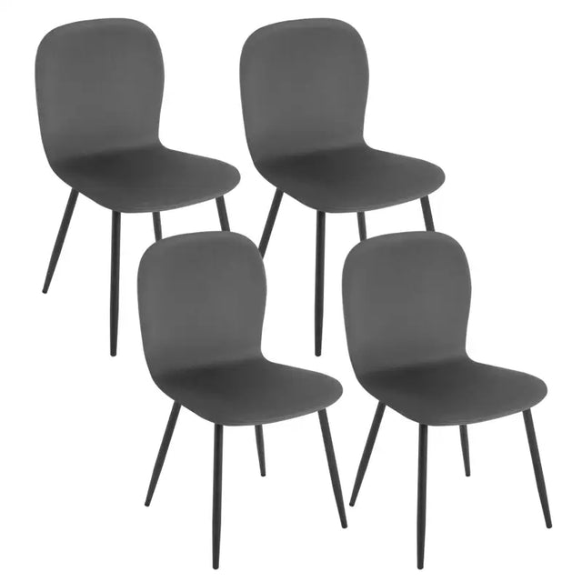 Set van 4 BukkitBow eetkamerstoelen met fluwelen bekleding, metalen poten en ergonomisch ontwerp voor comfortabel dineren.