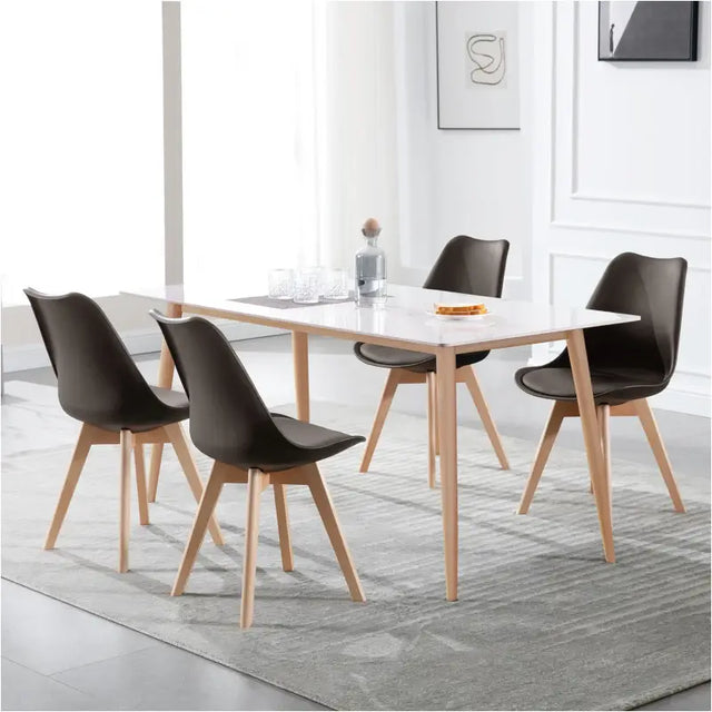 Set van 4 BukkitBow eetkamerstoelen met beukenhouten poten en PU-zitting, comfortabele en stabiele eetkamerstoelen, zithoogte 42 cm.