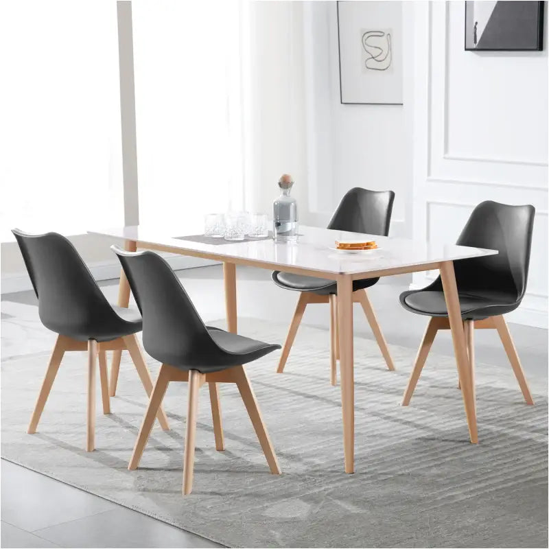 Set van 4 BukkitBow eetkamerstoelen met beukenhouten poten en stevige PU-zitting, zithoogte 42 cm, comfort en veelzijdigheid.
