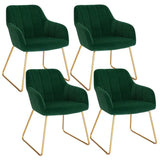 Set van 4 BukkitBow eetkamerstoelen van fluweel met goudkleurig metalen onderstel, comfortabele zithoogte van 48,5 cm.