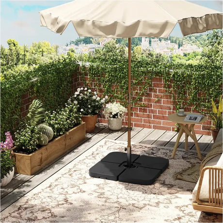 Set van 4 weerbestendige parasolvoetplaten van BukkitBow met metalen handvatten, geschikt voor stevige parasols en gemakkelijk te vullen.
