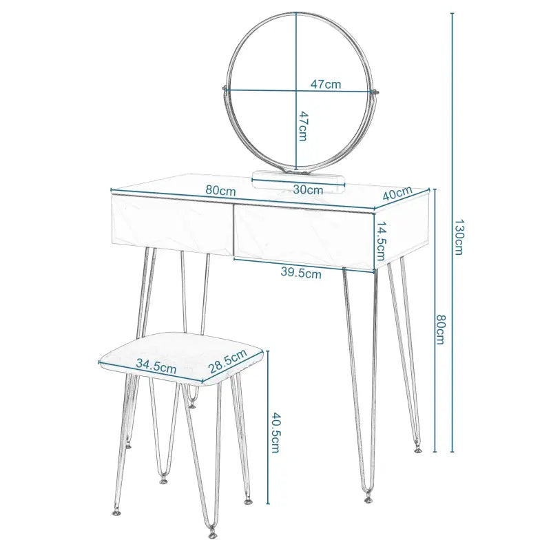 BukkitBow kaptafel en kruk set met massief hout, metalen poten en spiegel, stijlvolle en functionele meubelset voor de slaapkamer