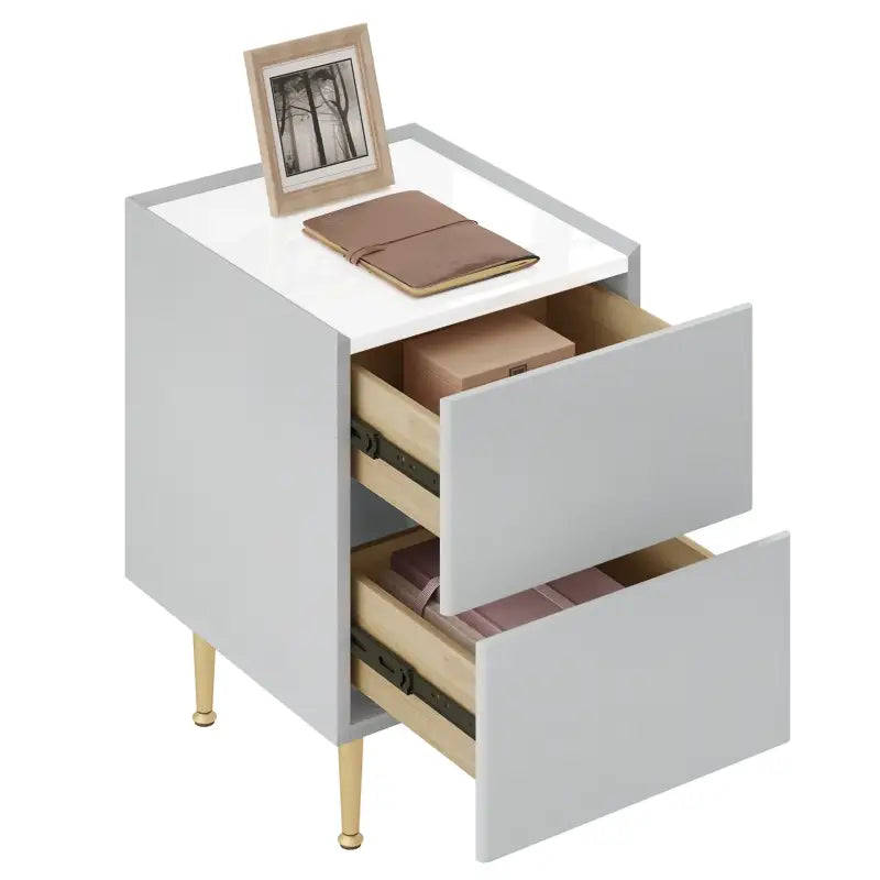 BukkitBow smal nachtkastje met 2 laden, bijzettafel voor opbergruimte, compact en modern ontwerp in houtlook.