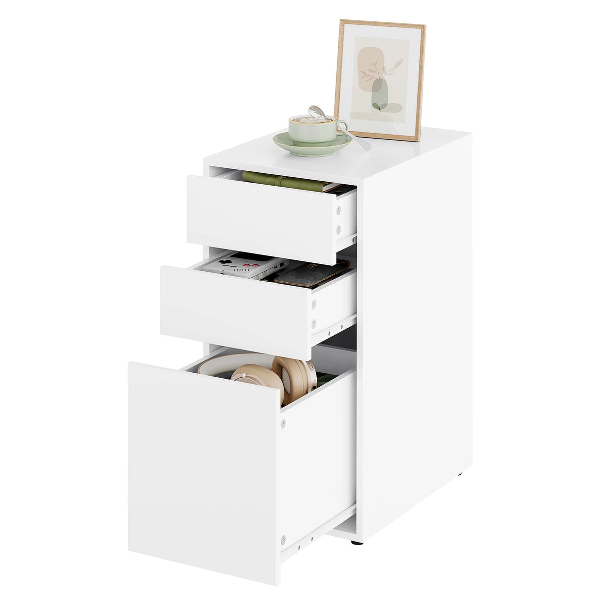 Smal BukkitBow nachtkastje met 3 laden, modern en ruimtebesparend, zwart houten afwerking, geschikt voor slaapkamer.