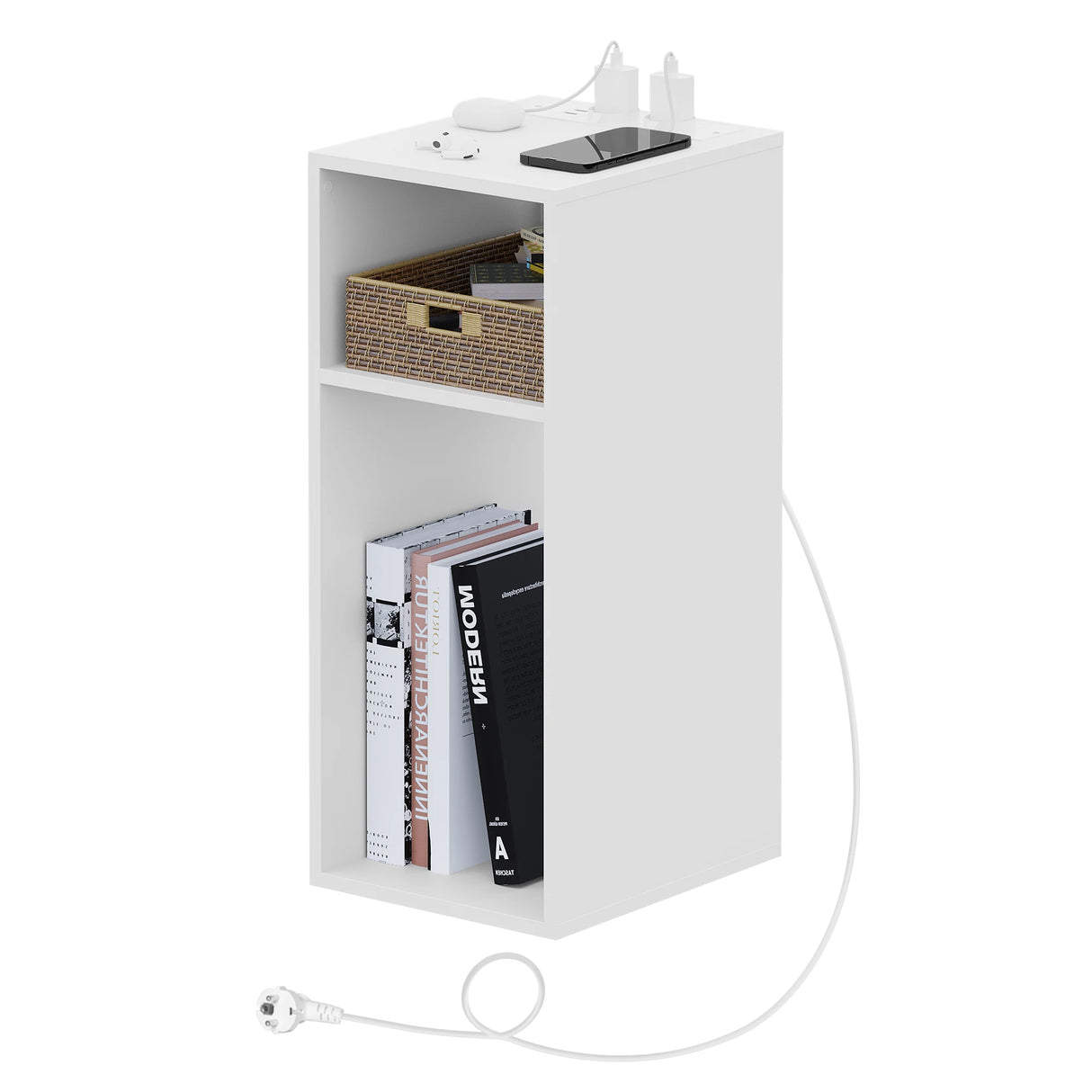 Smal BukkitBow nachtkastje met stopcontact en USB-poorten, houtlook, modern design en praktische opbergruimte voor slaapkamer.