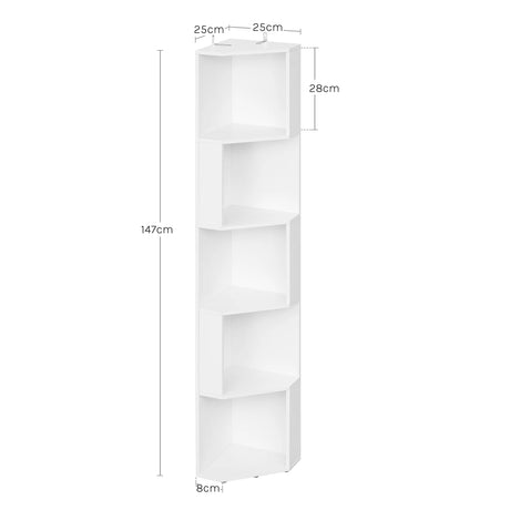 BukkitBow kleine hoekboekenkast met 5 open vakken, vrijstaand opslagrek voor woonkamer en kantoor, ruimtebesparend design