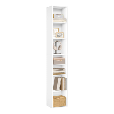 Witte BukkitBow hoge boekenkast met 7 vakken, 178,5 cm hoog, stevige houten opslag voor boeken en decoratie.