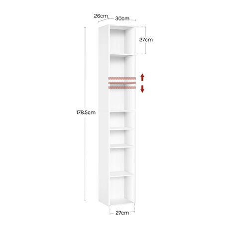Witte BukkitBow hoge boekenkast met 7 vakken, smal ontwerp, 178,5 cm hoog, ideaal voor opbergruimte en organisatie.