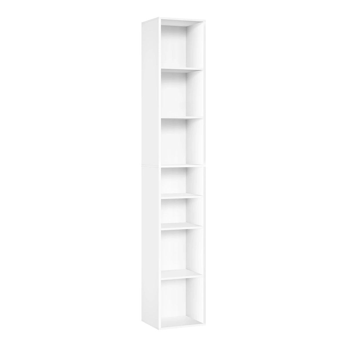Witte BukkitBow hoge boekenkast met 7 vakken, 178,5 cm hoog, smal design, houten opbergmeubel voor boeken en decoraties