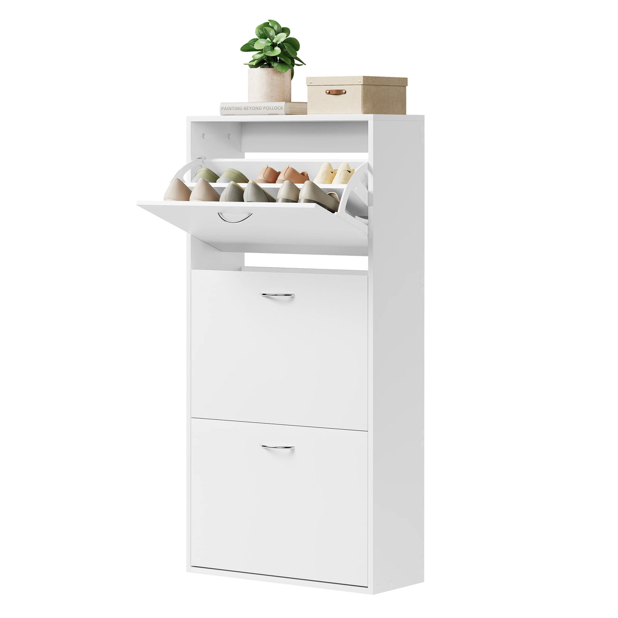 Witte en zwarte hoge schoenenkast van BukkitBow met 3 kantelbakken, smal en hoog, geschikt voor schoenenopslag.