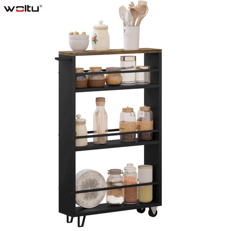 BukkitBow smalle keukentrolley met 3 lagen, houten planken, metalen frame, wielen en rem, geschikt voor keuken, badkamer of kantoor.