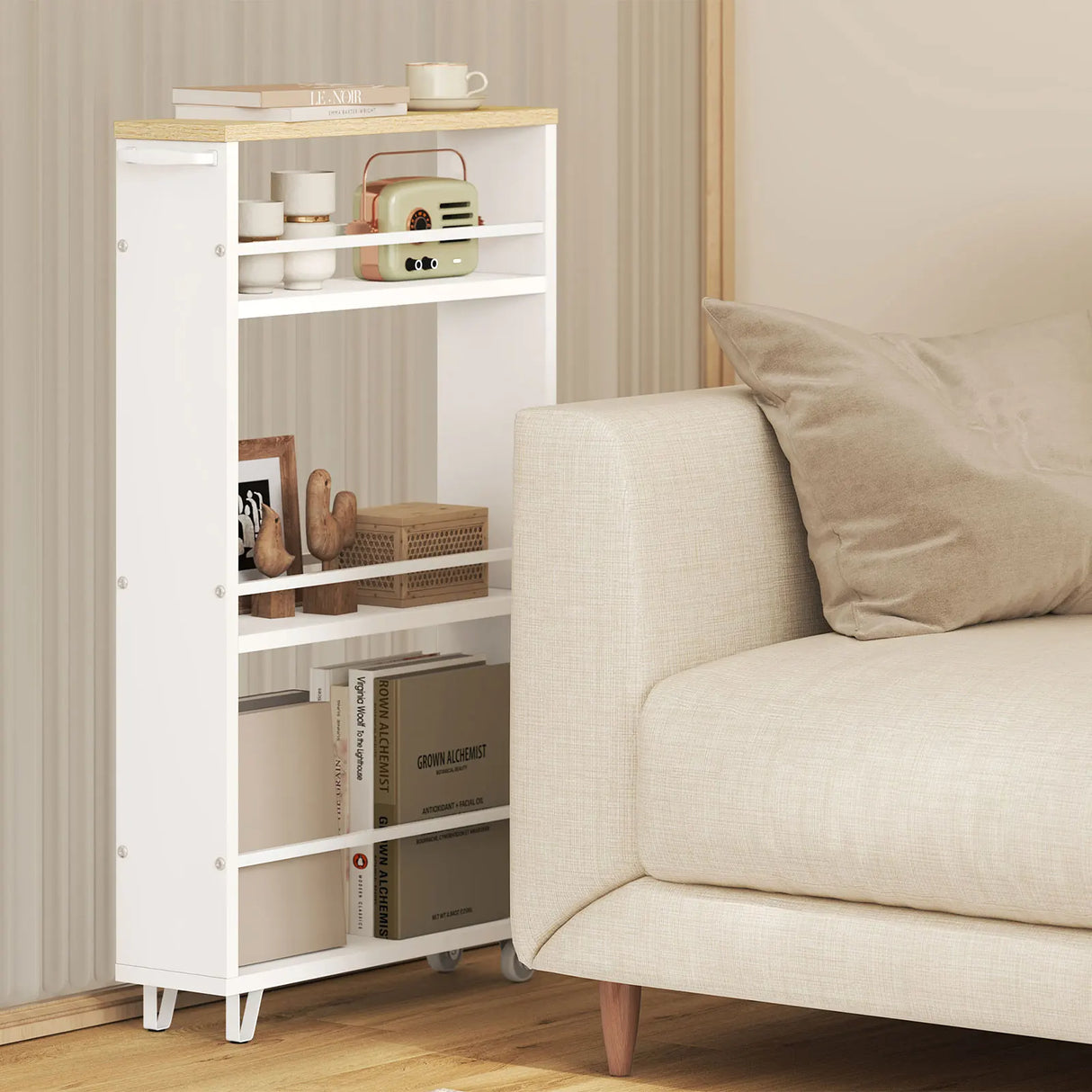 BukkitBow - Smalle Keukentrolley - 3 Lagen - Met Wielen & Rem - Houten Planken & Metalen Frame - Voor Keuken, Badkamer & Kantoor